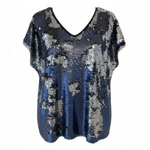 Rebel Plus Size Sequin V-Neck Top - Blue and Silver